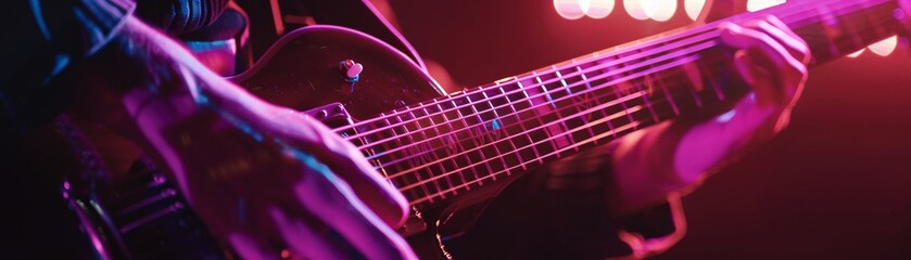 major chord being played, closeup, neon light accents on strings, night vibe