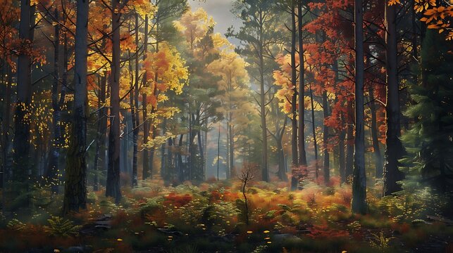 A dense forest with vibrant autumn colors painting the trees