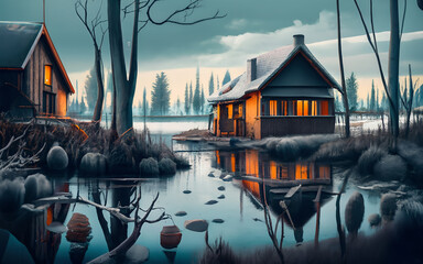 Nature landscape in a cold country with wooden house or cottage, mountains, water lakes and frozen ice everywhere background illustration. - obrazy, fototapety, plakaty