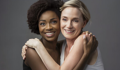Black and white two women hugging each other and smiling to the camera close view portrait. Women love, diversity with people concept.