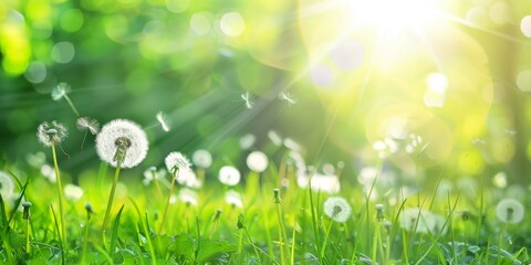 Fototapeta na wymiar Sunny meadow with dandelions and green grass background