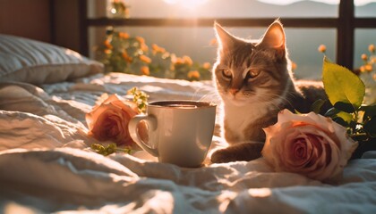 good morning my love coffee in bed morning rays of the sun roses and a cute playful kitty