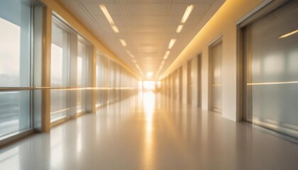 abstract defocused blurred background of empty long corridor in the modern hospital