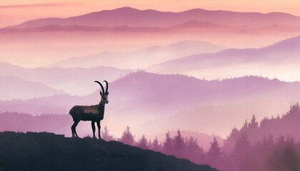 horizontal banner a chamois stands on top of hill with mountains and forest in background silhouette with pink and violet background illustration magic misty landscape - Powered by Adobe
