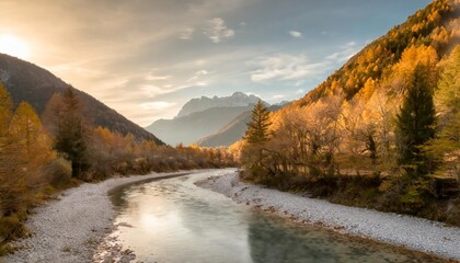 the river barman and the canin mount on autumn colors resia valley friuli venezia giulia italy