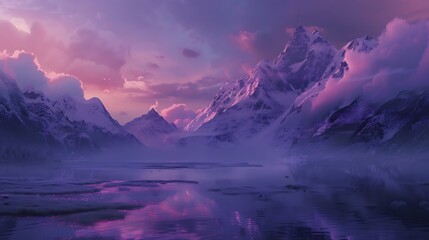 A majestic purple mountain range kissed by the first light of dawn