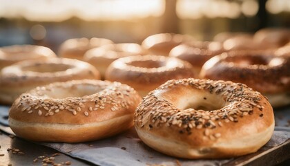 assortment of authentic fresh baked new york style bagels with seeds