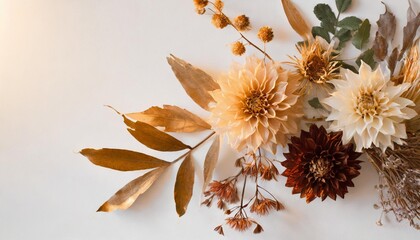 decoration with dried dahlia wildwood and leaves decoration and boho flower on white background - obrazy, fototapety, plakaty