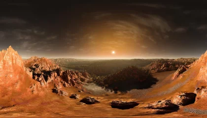 Zelfklevend Fotobehang Mistige ochtendstond 360 degree panorama of phobos with the red planet mars in the background environment hdri map equirectangular projection spherical panorama 3d rendering