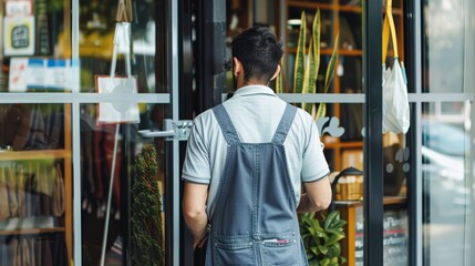 Male professional cleaning service worker in overalls cleans the windows