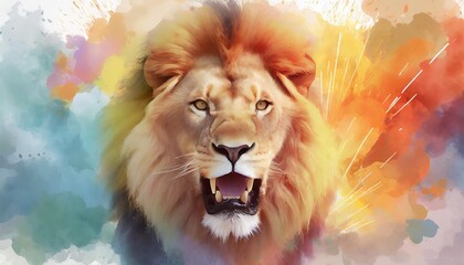 realistic angry lion face zoo park vector artwork lion king splash smoke rainbow background...