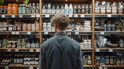 Man looking at the products on the shelf  - obrazy, fototapety, plakaty