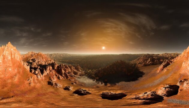 360 degree panorama of phobos with the red planet mars in the background environment hdri map equirectangular projection spherical panorama 3d rendering