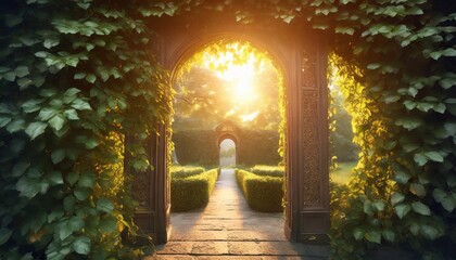 3d rendering of a fantasy doorway portal framed by green vines leading into a idyllic garden...