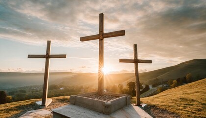 view of three wooden crosses and sunrise from open tomb death and resurrection of jesus christ
