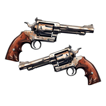 illustration of western revolvers, Isolated on transparent PNG background, Generative ai