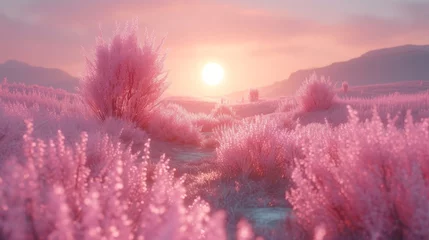 Fototapeten the sun is setting in the sky over a field of tall pink grass and bushes in the foreground, with mountains in the background. © Mikus