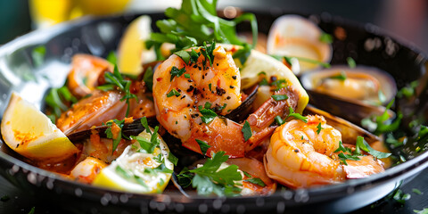 Spicy garlic chilli Prawns Shrimps on frying pan with lemon and cilantro, A bird's-eye shot of a sizzling garlic butter shrimp dish, garnished with parsley and lemon slices