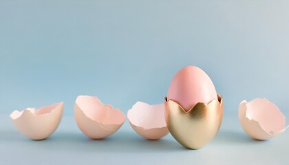 eggshell with pastel pink paint creative copy space on blue background minimal easter holiday concept