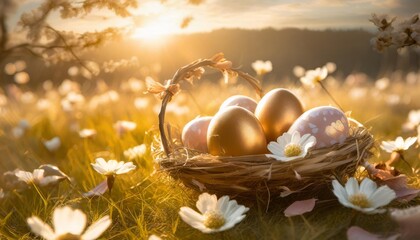 Fototapeta na wymiar happy easter easter scene with decorated eggs natural grass background flower petals