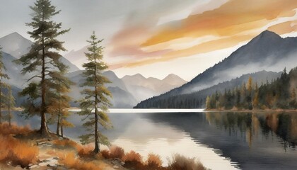 beautiful mountain watercolor lake pine tree and mountains forest generative ai artwork