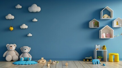 charming arrangement of little clouds on the wall and the assortment of soft toys in the baby room. - obrazy, fototapety, plakaty