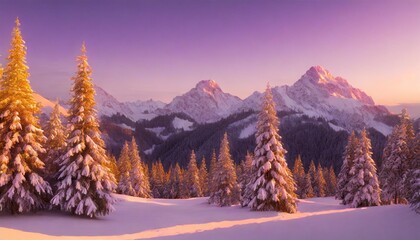 Fototapeta na wymiar surreal mountain landscape purple mountains and snow covered christmas trees