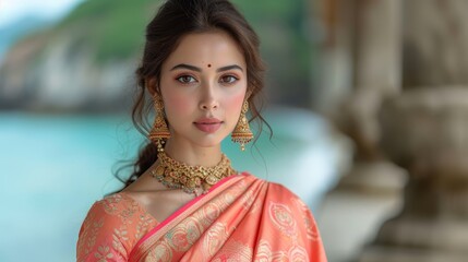 a woman in an orange sari with gold jewelry on her neck and a large gold necklace on her neck.