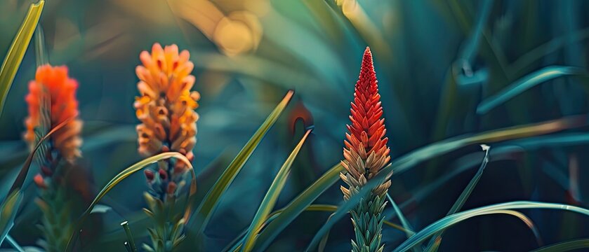 The fiery spikes of a red hot poker flower