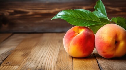 Fresh fruits of juicy peach on a wooden background. Autumn harvest, gardening. - obrazy, fototapety, plakaty