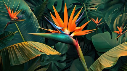 The vibrant clash of an orange bird of paradise against a tropical backdrop