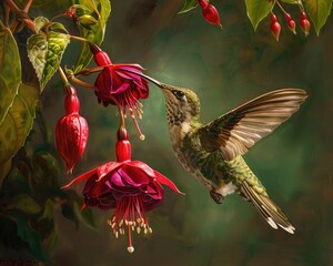 A hummingbird feeding from a vibrant fuchsia flower - obrazy, fototapety, plakaty