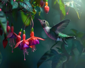 A hummingbird feeding from a vibrant fuchsia flower - obrazy, fototapety, plakaty