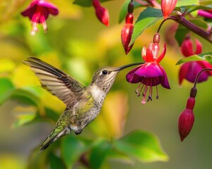 A hummingbird feeding from a vibrant fuchsia flower