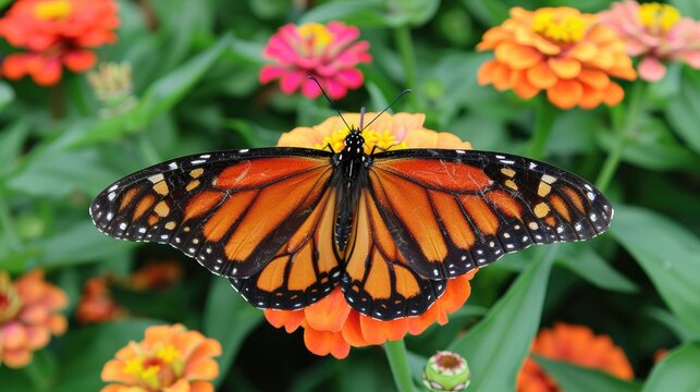 A monarch butterflys wings perfectly complementing the colors of a zinnia