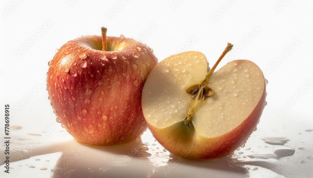 Poster red apple with half in water drops isolated on a white background