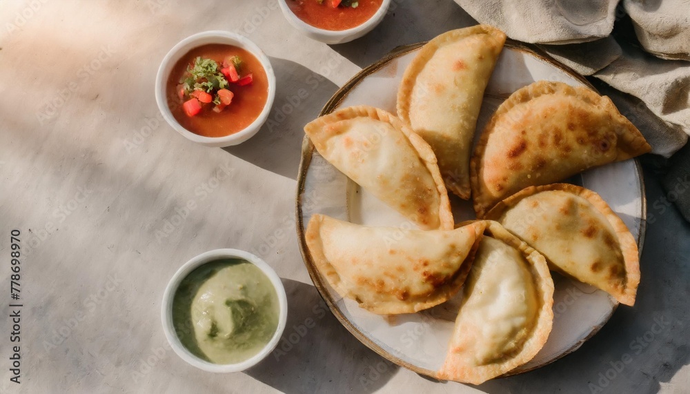 Wall mural latin american fried empanadas with tomato and avocado sauces top view