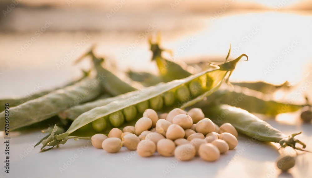 Wall mural fresh peas with bean on white