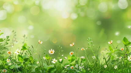 Lush meadow of grass and wildflowers with a shimmering bokeh effect, encapsulating the essence of a sunny spring day