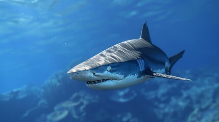 Ocean shark bottom view from below. Open toothy dangerous mouth with many teeth. Underwater blue sea waves clear water shark swims