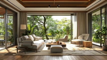 Position the camera to capture the modern living room's interior while emphasizing the garden view from the window. 