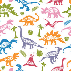 Dinosaur color seamless pattern. Hand drawn vector dinosaurs on white background. Pattern with Tyrannosaurus Rex, Stegosaurus, Brachiosaurus, Triceratops, and Pterodactyl cartoons. - 778699379