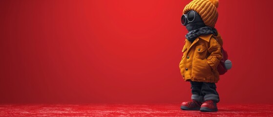 a small child wearing a yellow jacket and a black hat with a red background and a red background with a red wall.