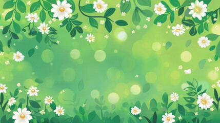 A serene green background adorned with white flowers and light dots, conveying a sense of calm and creativity