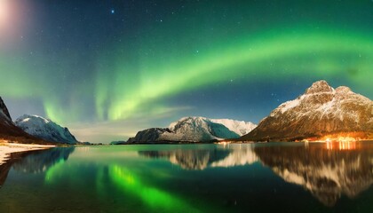 aurora borealis on the norway green northern lights above mountains night sky with polar lights night winter landscape with aurora and reflection on the water surface panorama view generative ai