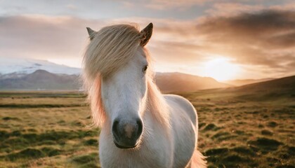 white icelandic horse with the most beautiful mane as if it had just been styled - obrazy, fototapety, plakaty