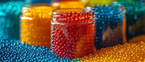 a jar filled with jelly beans sitting on top of a blue table cloth next to other jars of jelly beans.