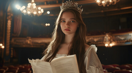A young actress with long hair and a tiara stands against a theater background