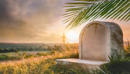 easter religious concept empty tomb stone with palm leaves over meadow sunset background - Powered by Adobe