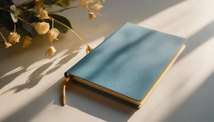 closed notebook with blue blank cover mock up on white table with natural floral sun light shadows...